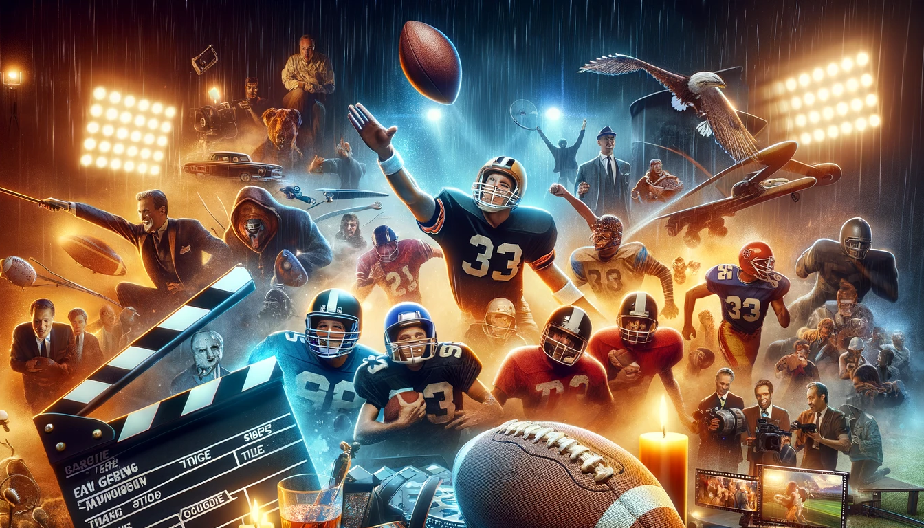 A group of football players in a room with people watching during a football movie.
