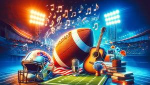 A football and a guitar on a field, creating harmonic beats with its melody.