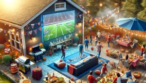 An image of a backyard tailgate party with people watching a football game at home.
