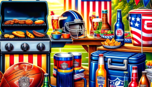 An impressive tailgate spread with a plethora of food and drinks on the grill.