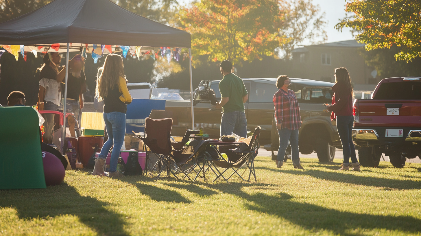 Tailgate Entertainment People gather under a canopy and around vehicles at a grassy park for an outdoor event, enjoying classic tailgate entertainment with folding chairs and coolers nearby on a sunny day.