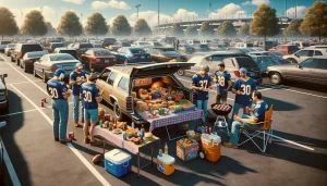 A group of people enjoying tailgate entertainment standing around a table with food and drinks.